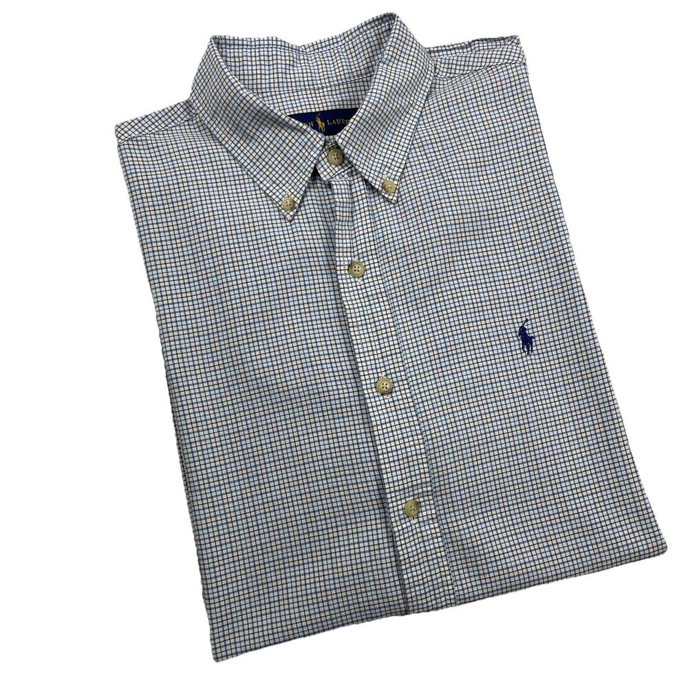Ralph Lauren Men’s Classic Button Up Shirt Long Sleeve Shirt Blue Brown Check-L